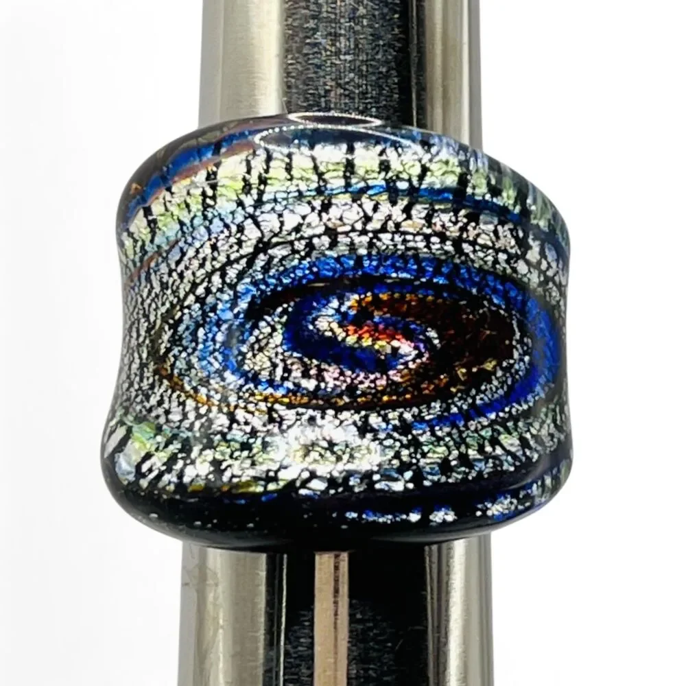 Hand Blown Glass Ring Sz 6.25 - 6.5 Black Swirl Metallic Wide Art Venetian Style